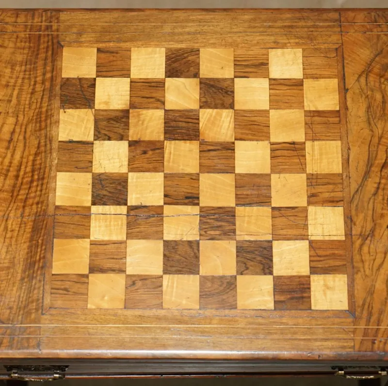 Pamono Antique Victorian Chessboard Game Table in Walnut Satinwood and Hardwood> Game Tables