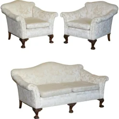 Pamono Antique Victorian Chinoiserie Upholstery Sofa & Armchair Suite with Claw & Ball Feet, Set of 3> Living Room Sets