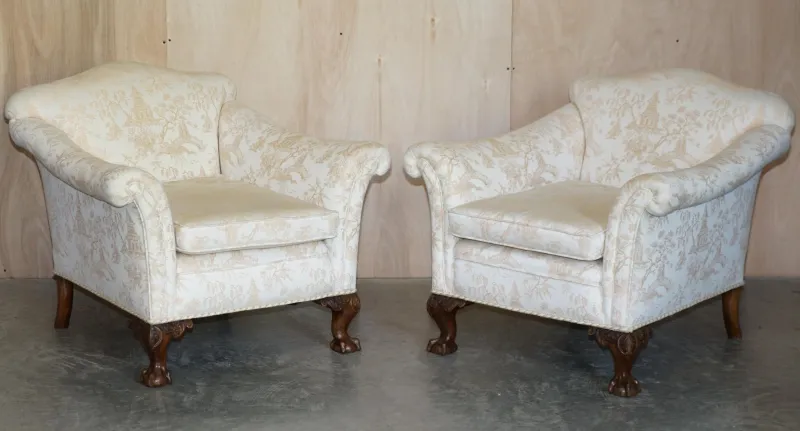 Pamono Antique Victorian Chinoiserie Upholstery Sofa & Armchair Suite with Claw & Ball Feet, Set of 3> Living Room Sets