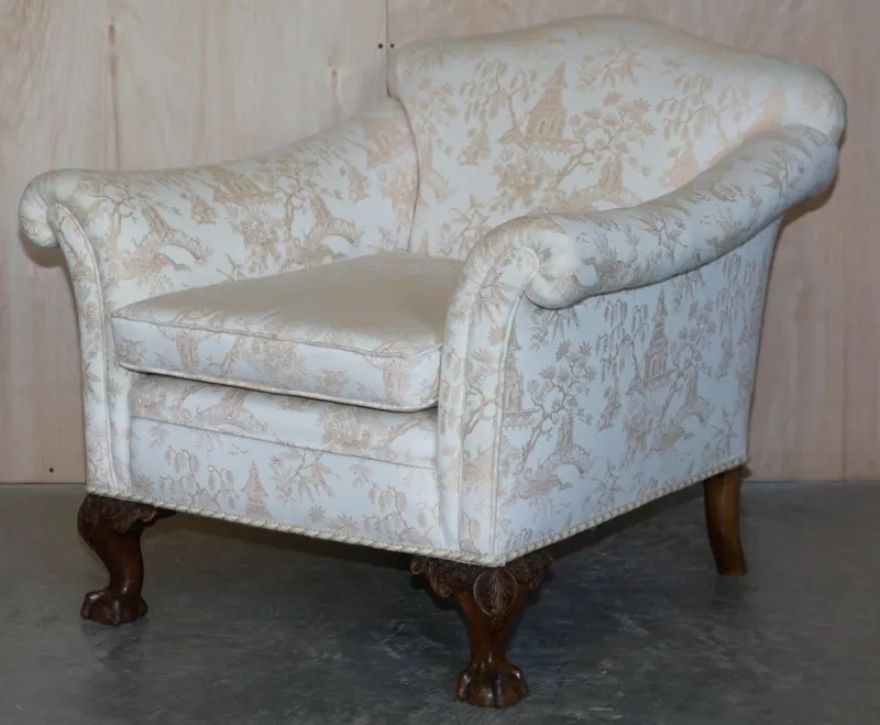 Pamono Antique Victorian Chinoiserie Upholstery Sofa & Armchair Suite with Claw & Ball Feet, Set of 3> Living Room Sets