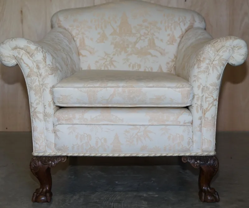 Pamono Antique Victorian Chinoiserie Upholstery Sofa & Armchair Suite with Claw & Ball Feet, Set of 3> Living Room Sets
