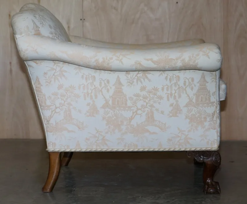 Pamono Antique Victorian Chinoiserie Upholstery Sofa & Armchair Suite with Claw & Ball Feet, Set of 3> Living Room Sets
