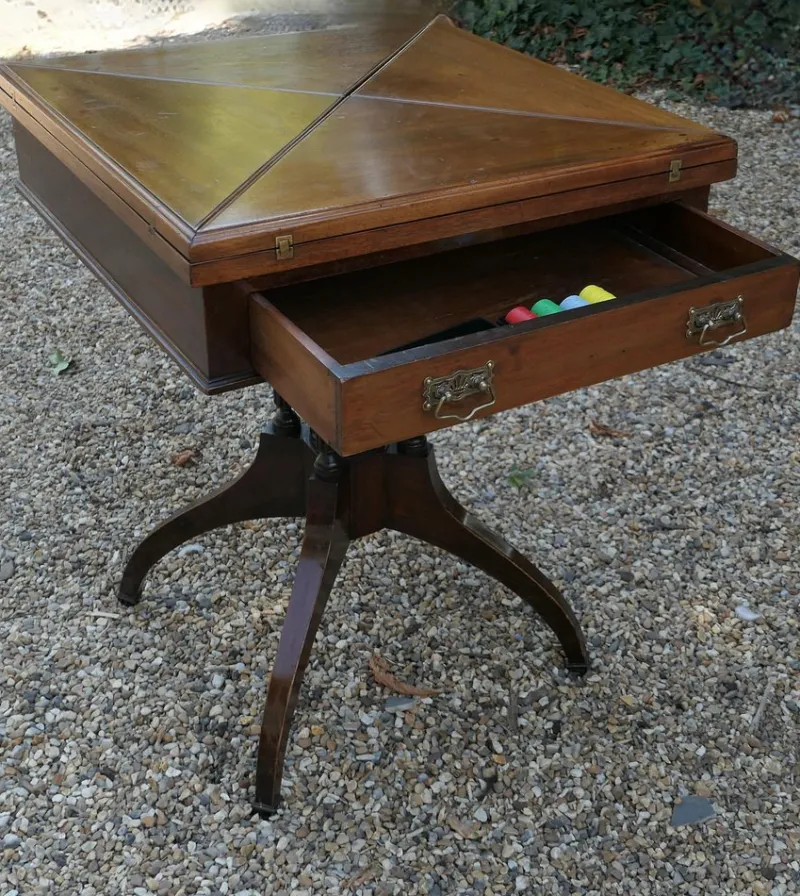 Sale Pamono Antique Victorian Envelope Card Table with Gaming Wells, 1880