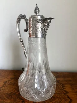 Pamono Antique Victorian Etched Glass and Silver Plated Claret Jug><noscript><img width=