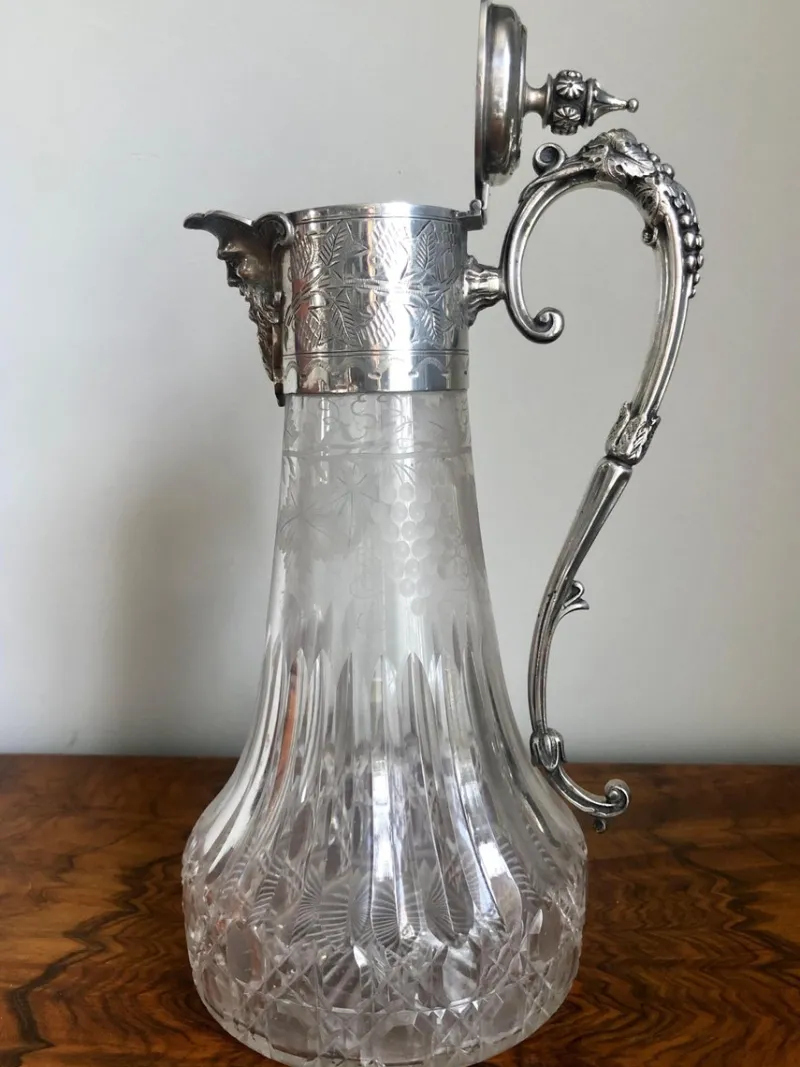 Pamono Antique Victorian Etched Glass and Silver Plated Claret Jug> Bottles, Carafes & Jugs