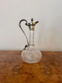 New Pamono Antique Victorian Etched Glass Silver Plate Claret Jug, 1860