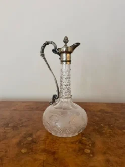 New Pamono Antique Victorian Etched Glass Silver Plate Claret Jug, 1860
