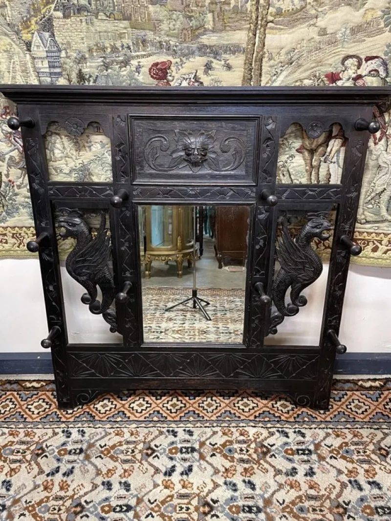 Pamono Antique Victorian Hall Wall Rack with Mirror> Racks, Hooks & Valets
