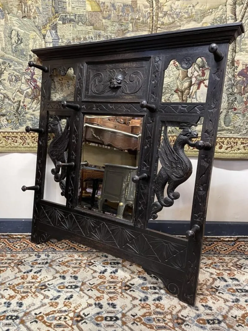 Pamono Antique Victorian Hall Wall Rack with Mirror> Racks, Hooks & Valets