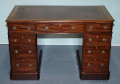 Pamono Antique Victorian Hardwood Pedestal Desk with Tooled Leather Top><noscript><img width=