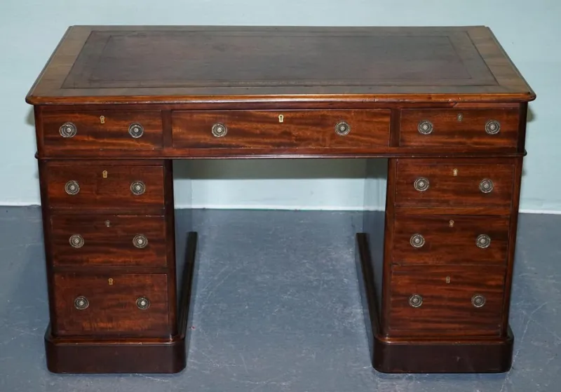 Pamono Antique Victorian Hardwood Pedestal Desk with Tooled Leather Top> Desks