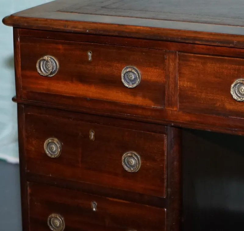 Pamono Antique Victorian Hardwood Pedestal Desk with Tooled Leather Top> Desks