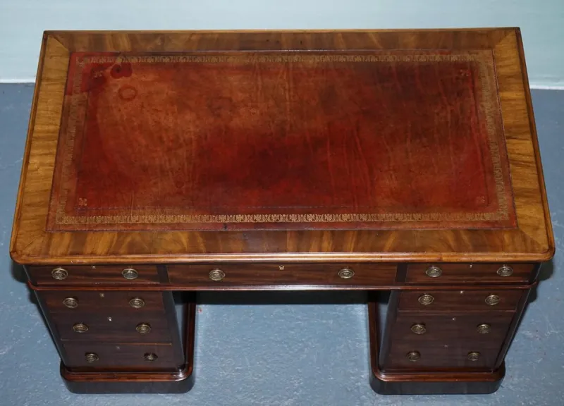 Pamono Antique Victorian Hardwood Pedestal Desk with Tooled Leather Top> Desks