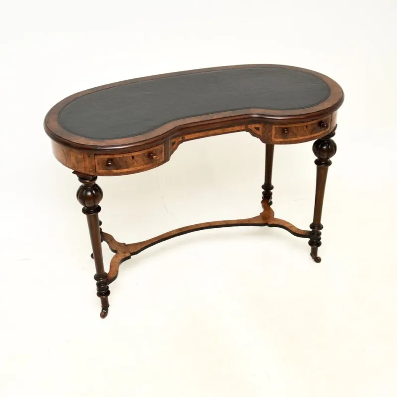Pamono Antique Victorian Kidney Shaped Desk in Burr Walnut with Leather Top, 1860