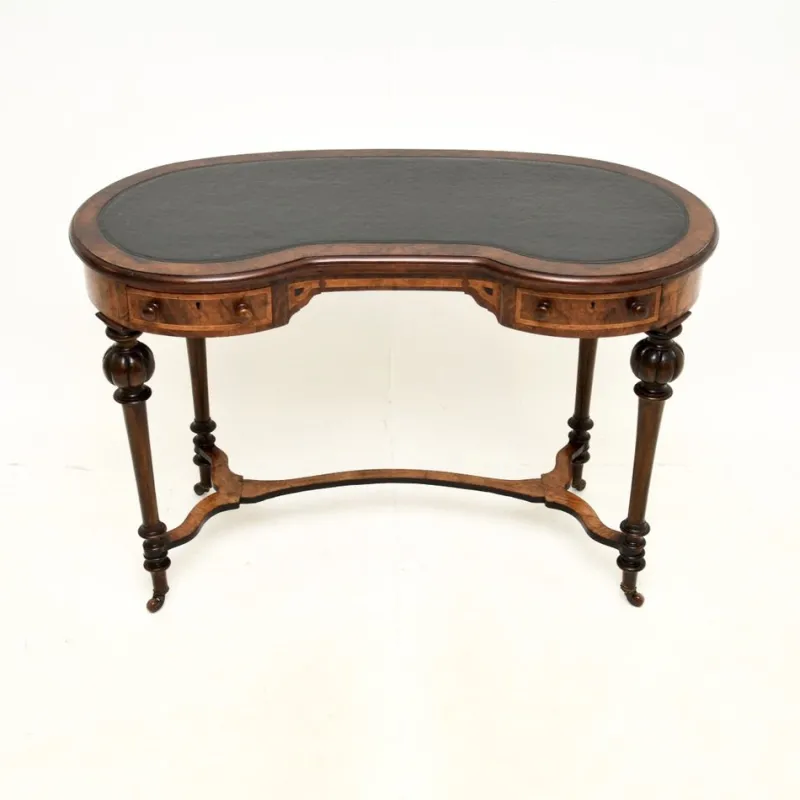 Pamono Antique Victorian Kidney Shaped Desk in Burr Walnut with Leather Top, 1860