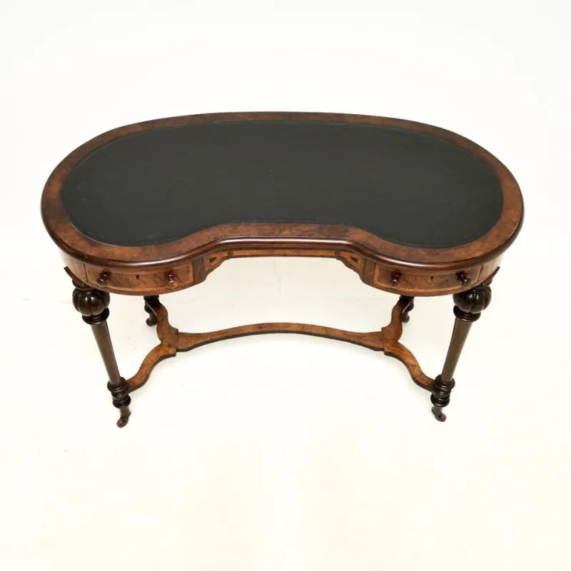 Pamono Antique Victorian Kidney Shaped Desk in Burr Walnut with Leather Top, 1860