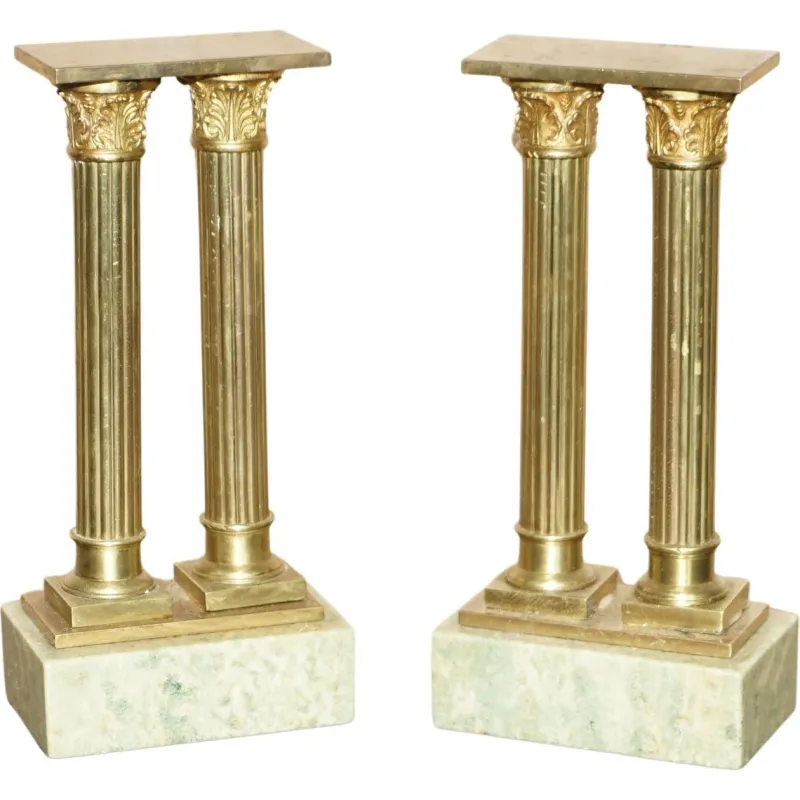 New Pamono Antique Victorian Marble & Brass Roman Grand Tour Statue Columns Pillars, Set of 2