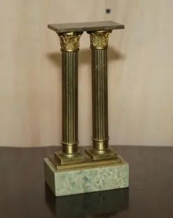 New Pamono Antique Victorian Marble & Brass Roman Grand Tour Statue Columns Pillars, Set of 2