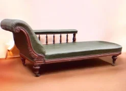 New Pamono Antique Victorian Oak Chaise Longue in Green Leather with Brass Castors