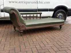 New Pamono Antique Victorian Oak Chaise Longue in Green Leather with Brass Castors