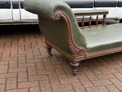 New Pamono Antique Victorian Oak Chaise Longue in Green Leather with Brass Castors