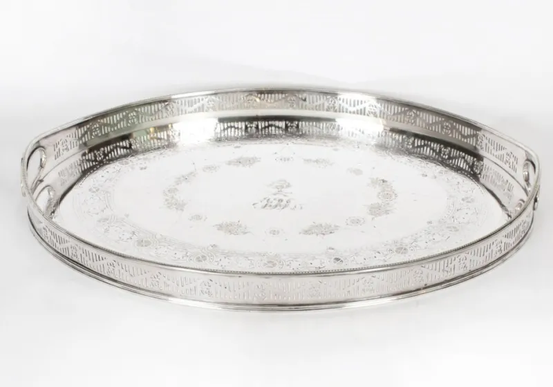 Sale Pamono Antique Victorian Oval Silver Plated Gallery Tray, 1890s