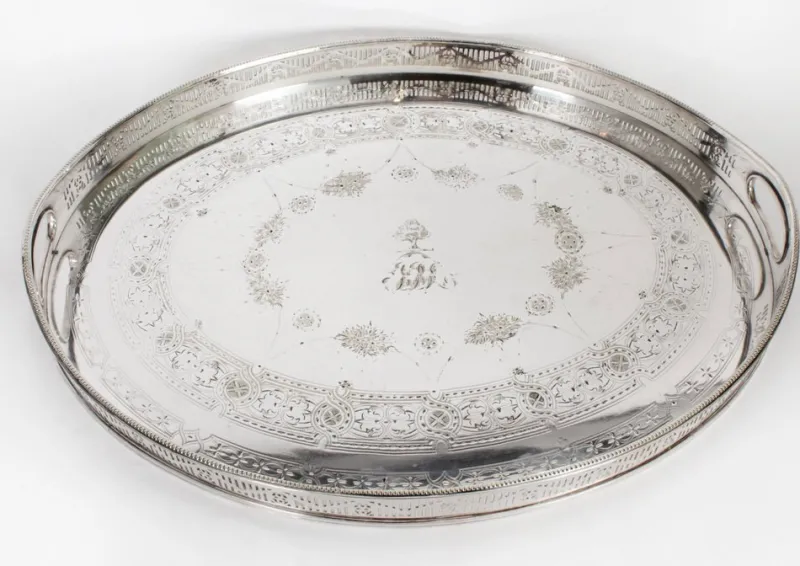 Sale Pamono Antique Victorian Oval Silver Plated Gallery Tray, 1890s