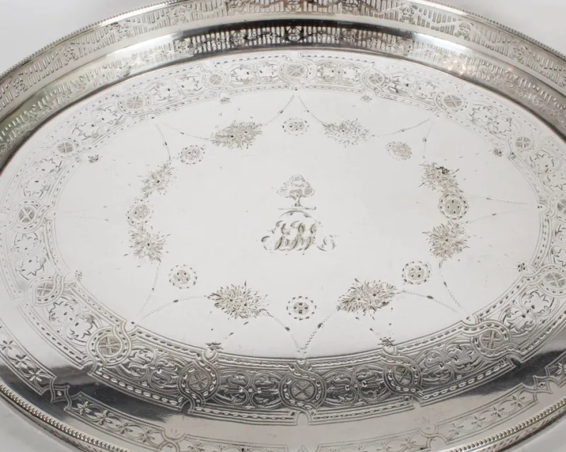 Sale Pamono Antique Victorian Oval Silver Plated Gallery Tray, 1890s