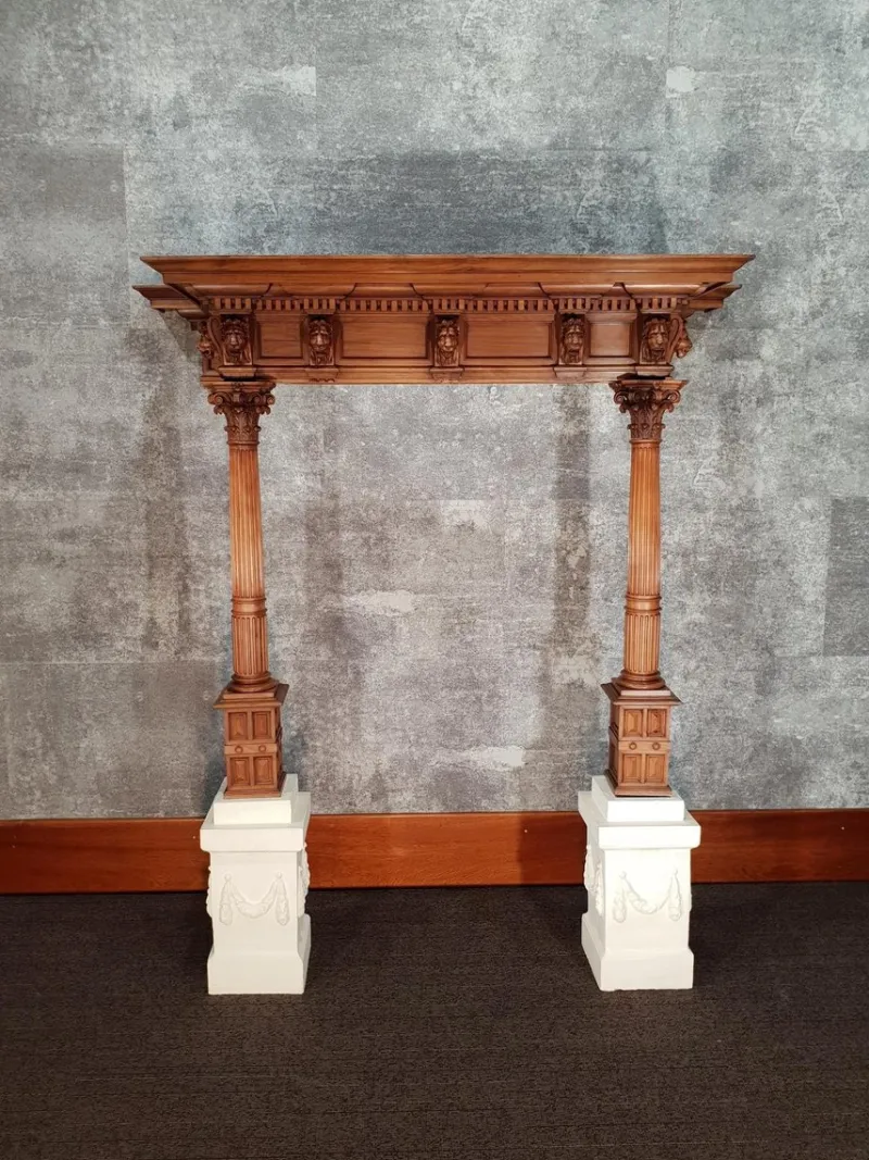 Pamono Antique Walnut Fireplace with Lions Heads> Fireplaces And Mantels