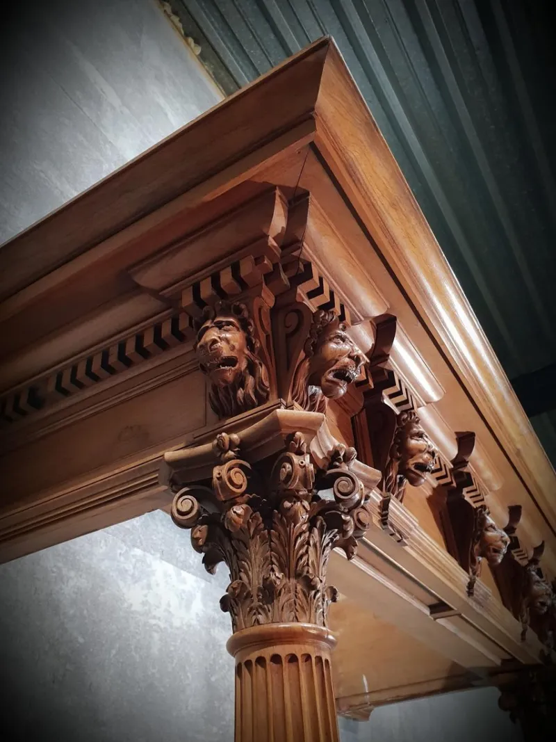 Pamono Antique Walnut Fireplace with Lions Heads> Fireplaces And Mantels