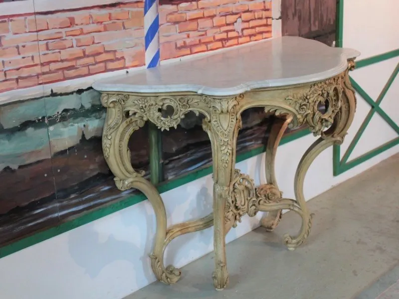 Pamono Antique Wood and White Marble Console Table> Console Tables