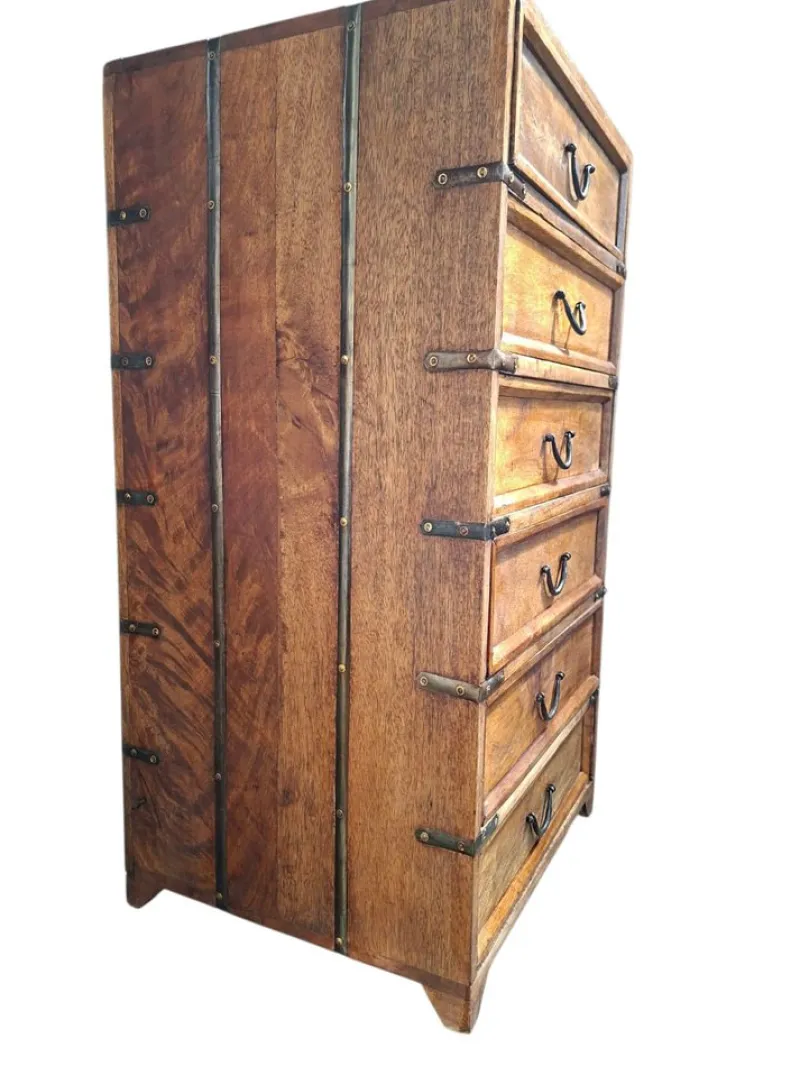 Pamono Antique Wood Travel Chest of Drawers with Metal Finish, 1900> Dressers, Commodes & Chests