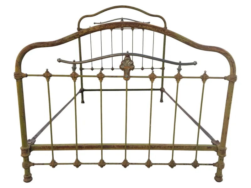 New Pamono Antique Wrought Iron and Green Brass Bed, 1900