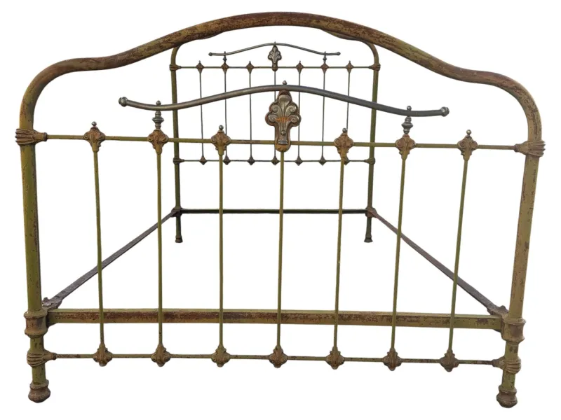New Pamono Antique Wrought Iron and Green Brass Bed, 1900