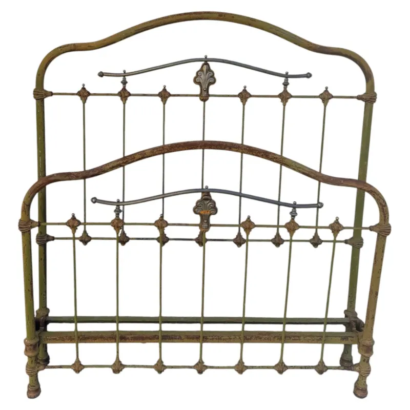 New Pamono Antique Wrought Iron and Green Brass Bed, 1900