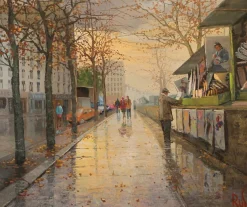 Pamono Antonio Rus, Paris Riverbank Street Scene, 21st Century, Oil on Canvas, Framed> Impressionist