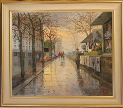 Pamono Antonio Rus, Paris Riverbank Street Scene, 21st Century, Oil on Canvas, Framed> Impressionist