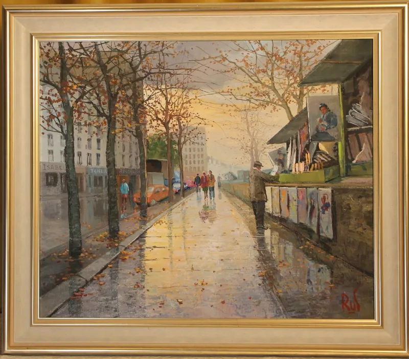 Pamono Antonio Rus, Paris Riverbank Street Scene, 21st Century, Oil on Canvas, Framed> Impressionist