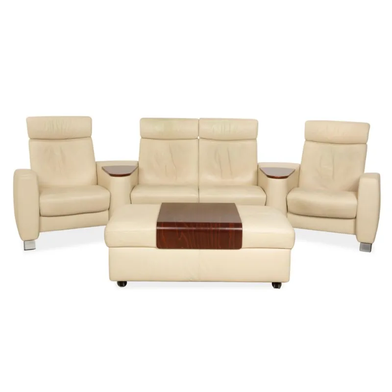 Outlet Pamono Arion 4-Seater Sofa and Ottoman in Cream Leather from Stressless, Set of 2