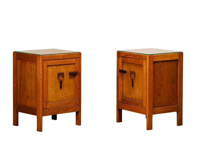 Clearance Pamono Art Deco Amsterdam School Nightstands in Oak and Glass, 1930s, Set of 2