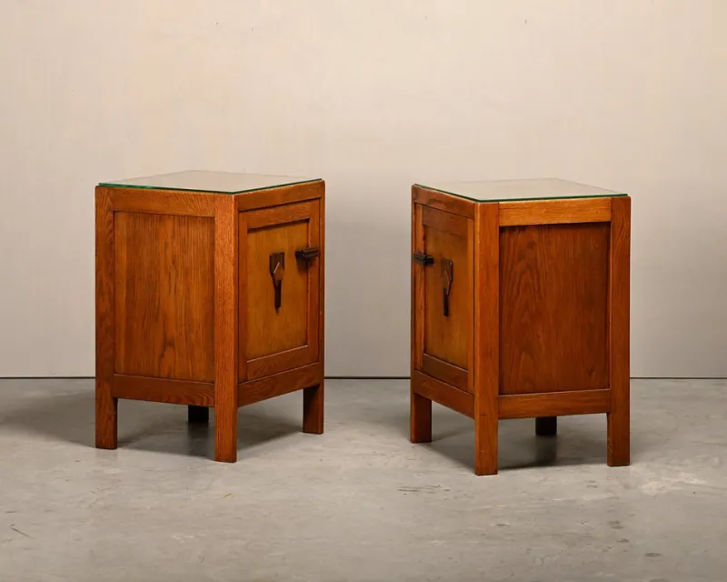 Clearance Pamono Art Deco Amsterdam School Nightstands in Oak and Glass, 1930s, Set of 2