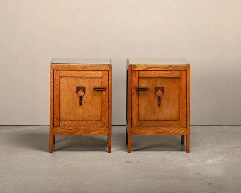 Clearance Pamono Art Deco Amsterdam School Nightstands in Oak and Glass, 1930s, Set of 2