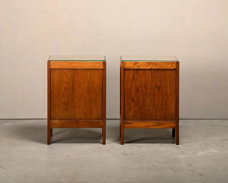 Clearance Pamono Art Deco Amsterdam School Nightstands in Oak and Glass, 1930s, Set of 2