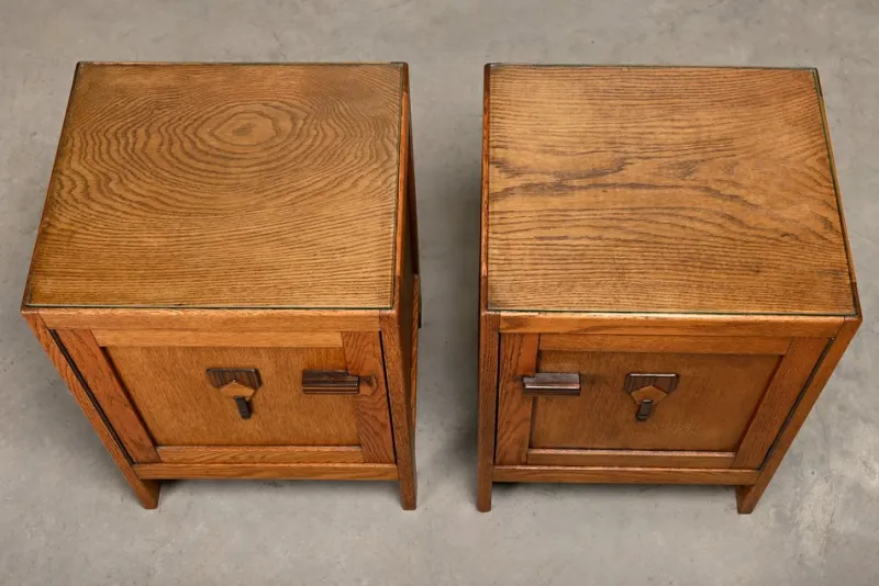 Clearance Pamono Art Deco Amsterdam School Nightstands in Oak and Glass, 1930s, Set of 2