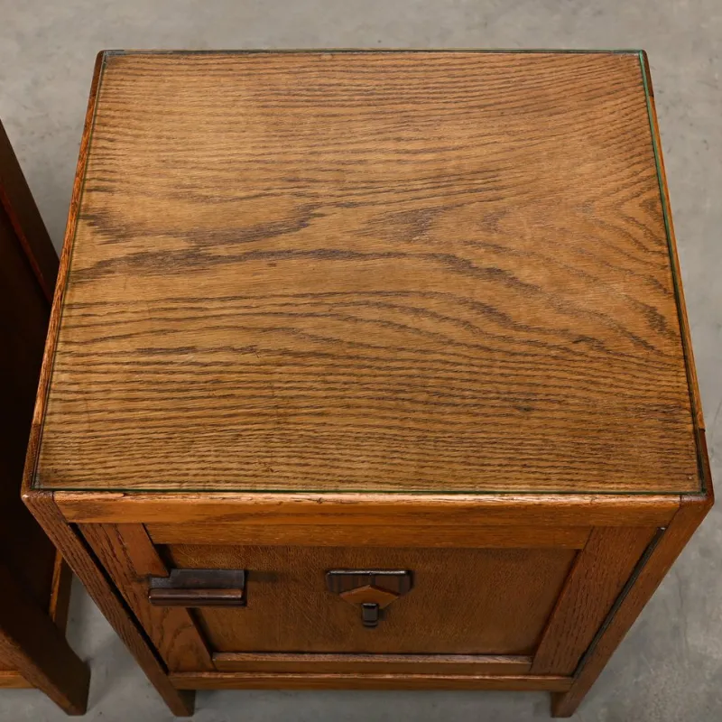 Clearance Pamono Art Deco Amsterdam School Nightstands in Oak and Glass, 1930s, Set of 2
