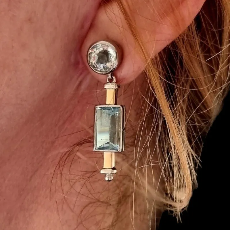 Pamono Art Deco Aquamarine Earrings in Platinum and Gold, 1925, Set of 2> Earrings