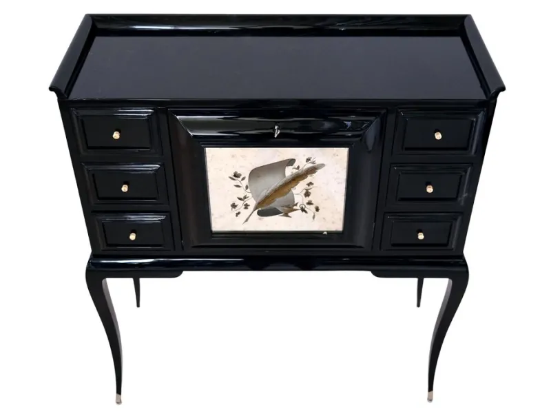 Pamono Art Deco Black Lacquer Secretaire with Etched Mirror> Secretaires