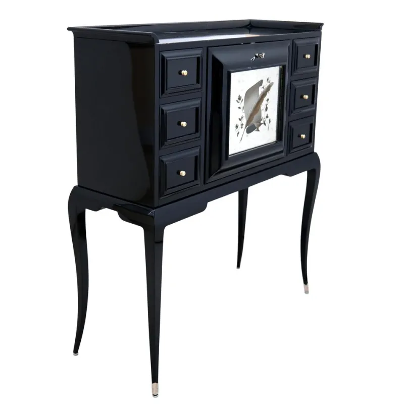 Pamono Art Deco Black Lacquer Secretaire with Etched Mirror> Secretaires
