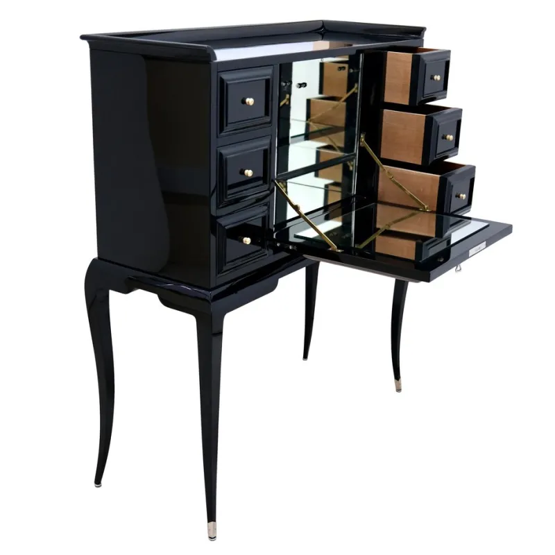Pamono Art Deco Black Lacquer Secretaire with Etched Mirror> Secretaires
