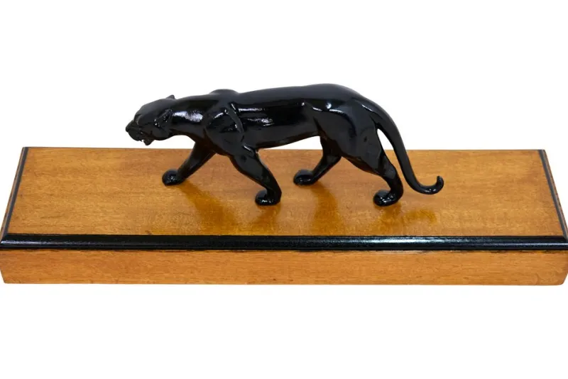 Pamono Art Deco Black Panther Sculpture on a Wooden Base, France, 1930s> Art Deco